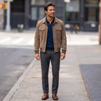 Men's trucker jacket with spread collar, snap front and utility pockets
