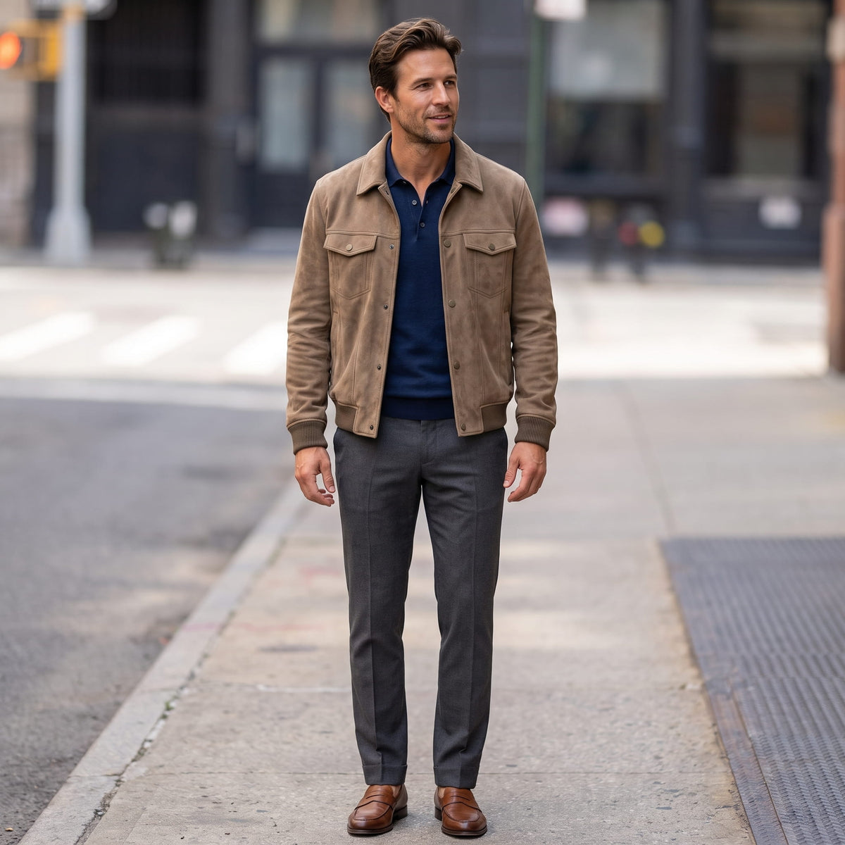Men's trucker jacket with spread collar, snap front and utility pockets