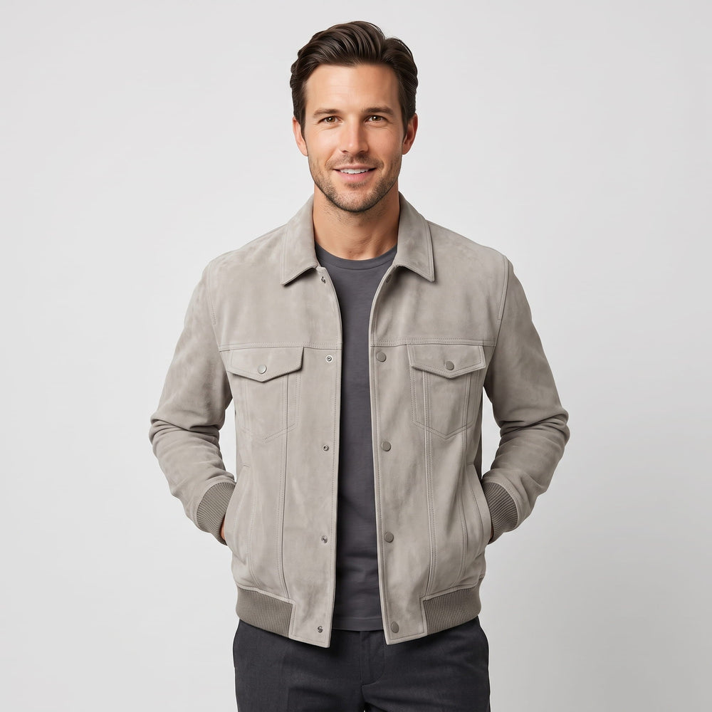 Men's trucker jacket with spread collar, snap front and utility pockets