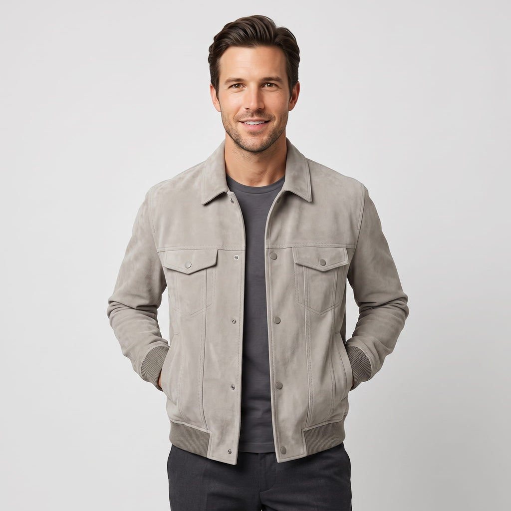 Men's trucker jacket with spread collar, snap front and utility pockets