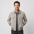 Men's trucker jacket with spread collar, snap front and utility pockets