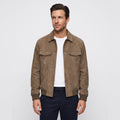 Men's trucker jacket with spread collar, snap front and utility pockets