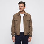 Men's trucker jacket with spread collar, snap front and utility pockets