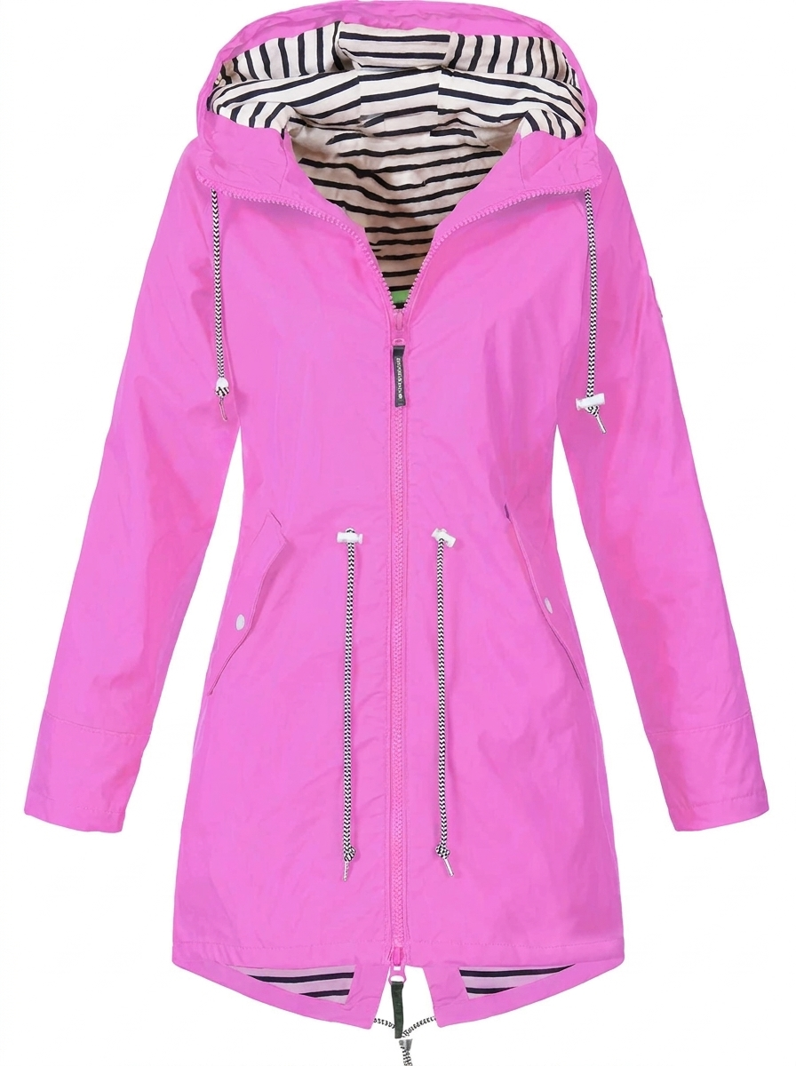 Women's hooded longline rain coat with striped lining and zipped pockets