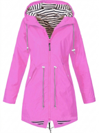 Women's hooded longline rain coat with striped lining and zipped pockets