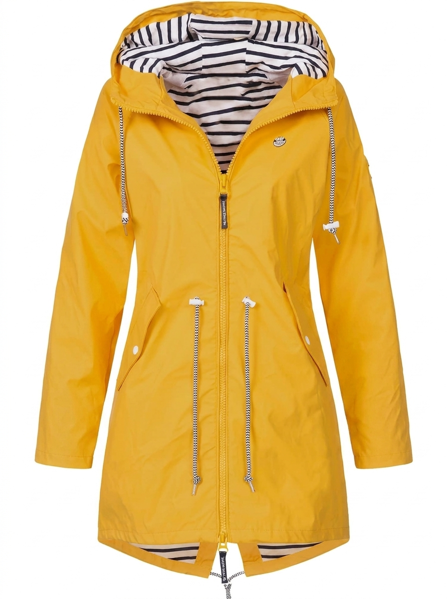Women's hooded longline rain coat with striped lining and zipped pockets