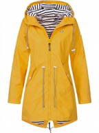 Women's hooded longline rain coat with striped lining and zipped pockets