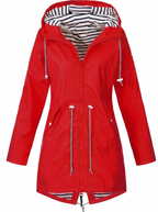Women's hooded longline rain coat with striped lining and zipped pockets