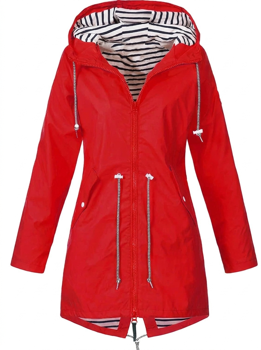 Women's hooded longline rain coat with striped lining and zipped pockets