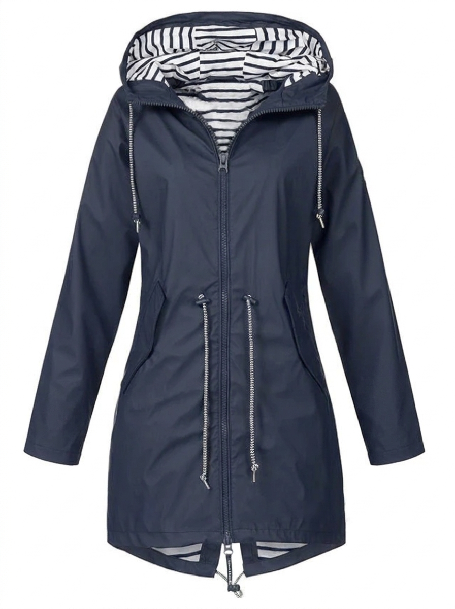 Women's hooded longline rain coat with striped lining and zipped pockets