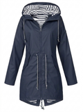 Women's hooded longline rain coat with striped lining and zipped pockets