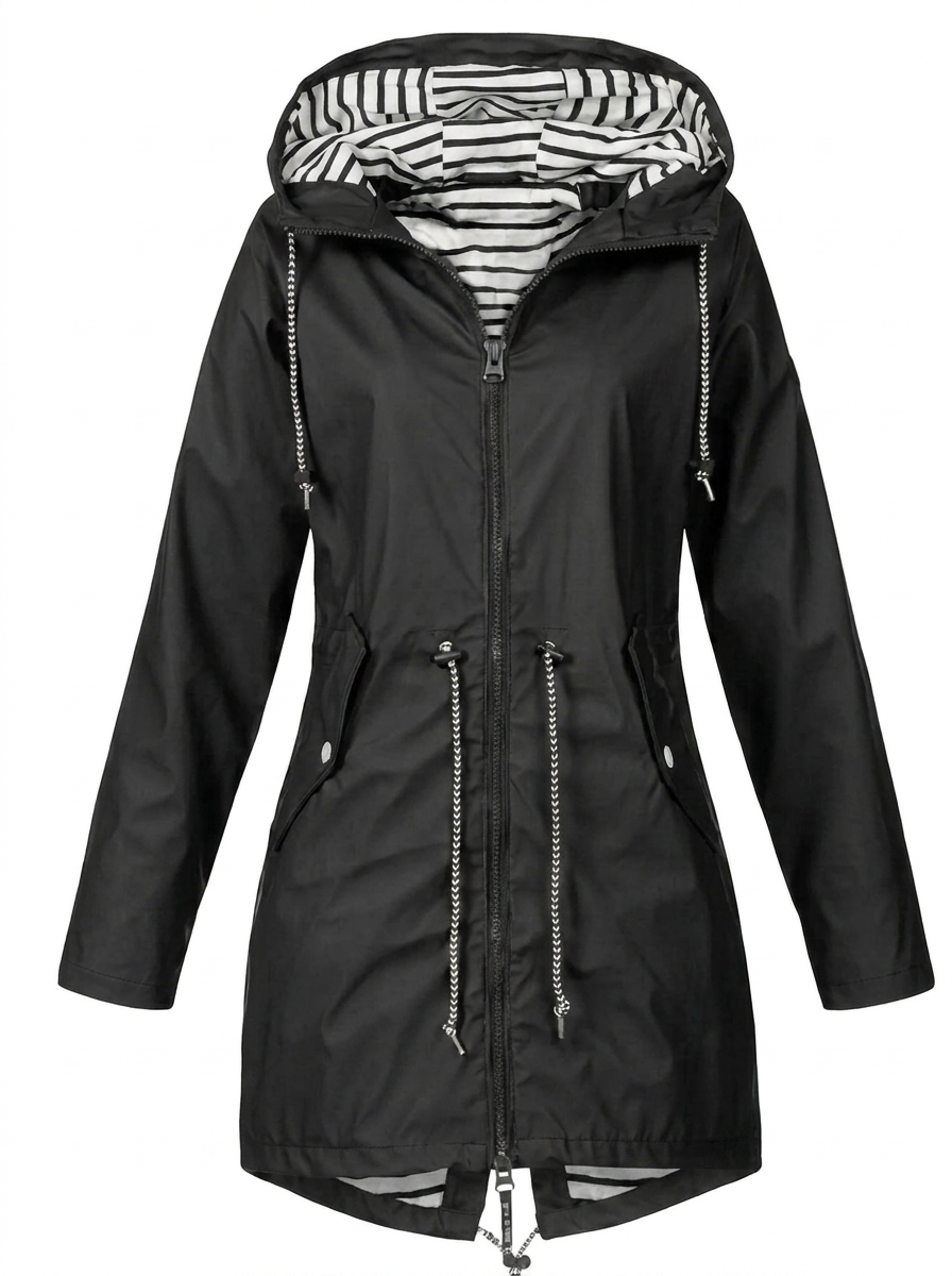 Women's hooded longline rain coat with striped lining and zipped pockets