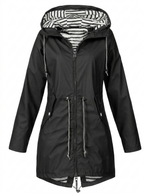 Women's hooded longline rain coat with striped lining and zipped pockets
