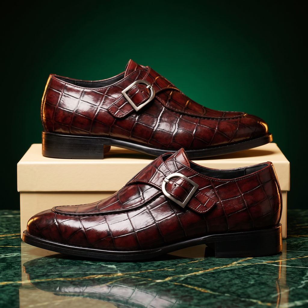 Crocodile-texture loafers with buckle straps and low heels