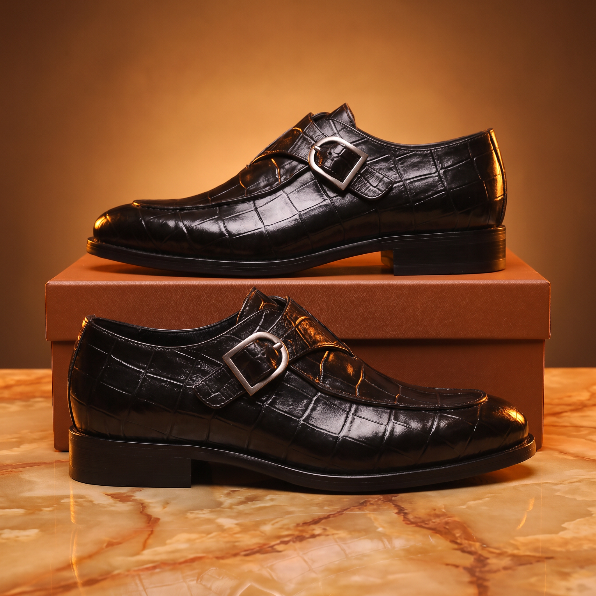 Crocodile-texture loafers with buckle straps and low heels