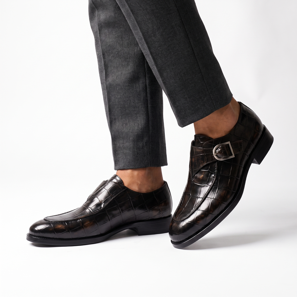 Crocodile-texture loafers with buckle straps and low heels