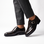 Crocodile-texture loafers with buckle straps and low heels