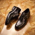 Crocodile-texture loafers with buckle straps and low heels