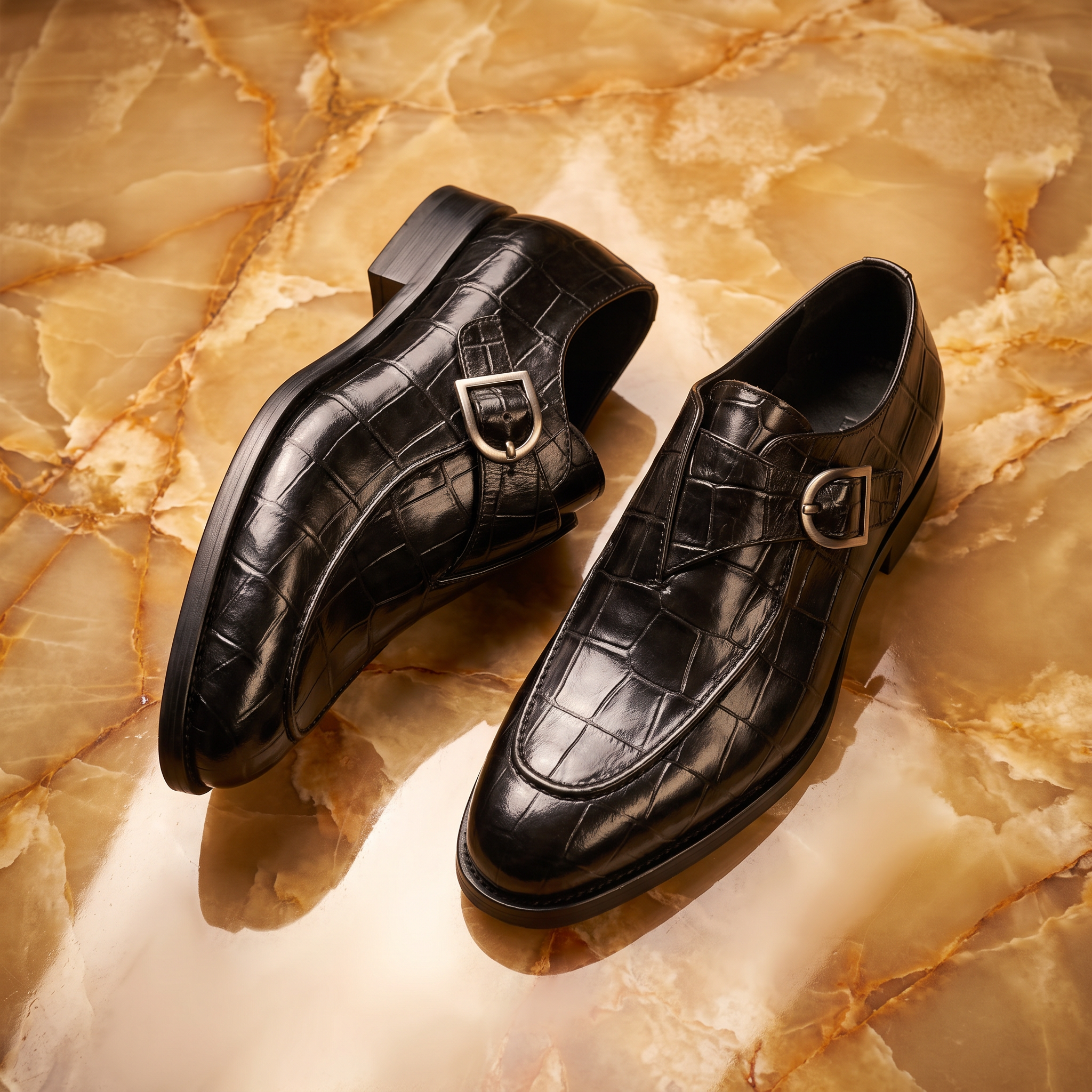 Crocodile-texture loafers with buckle straps and low heels