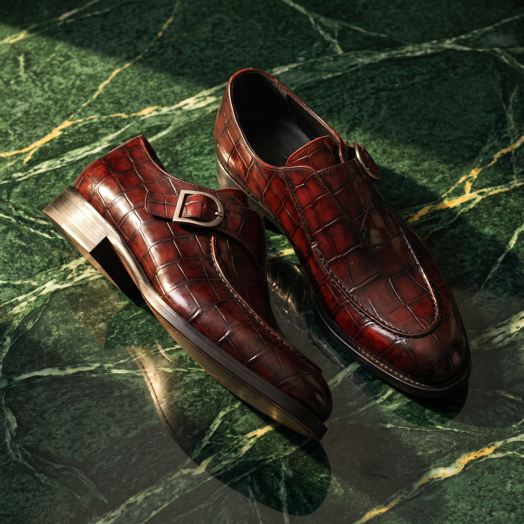 Crocodile-texture loafers with buckle straps and low heels