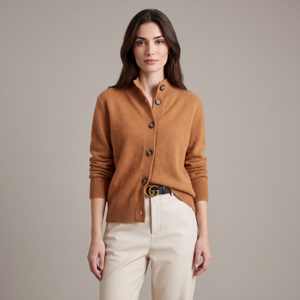 Women's button front cardigan with stand collar and ribbed cuffs