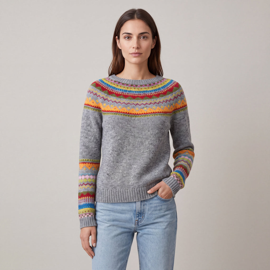 Women's grey Fair Isle boat neck sweater with long sleeves