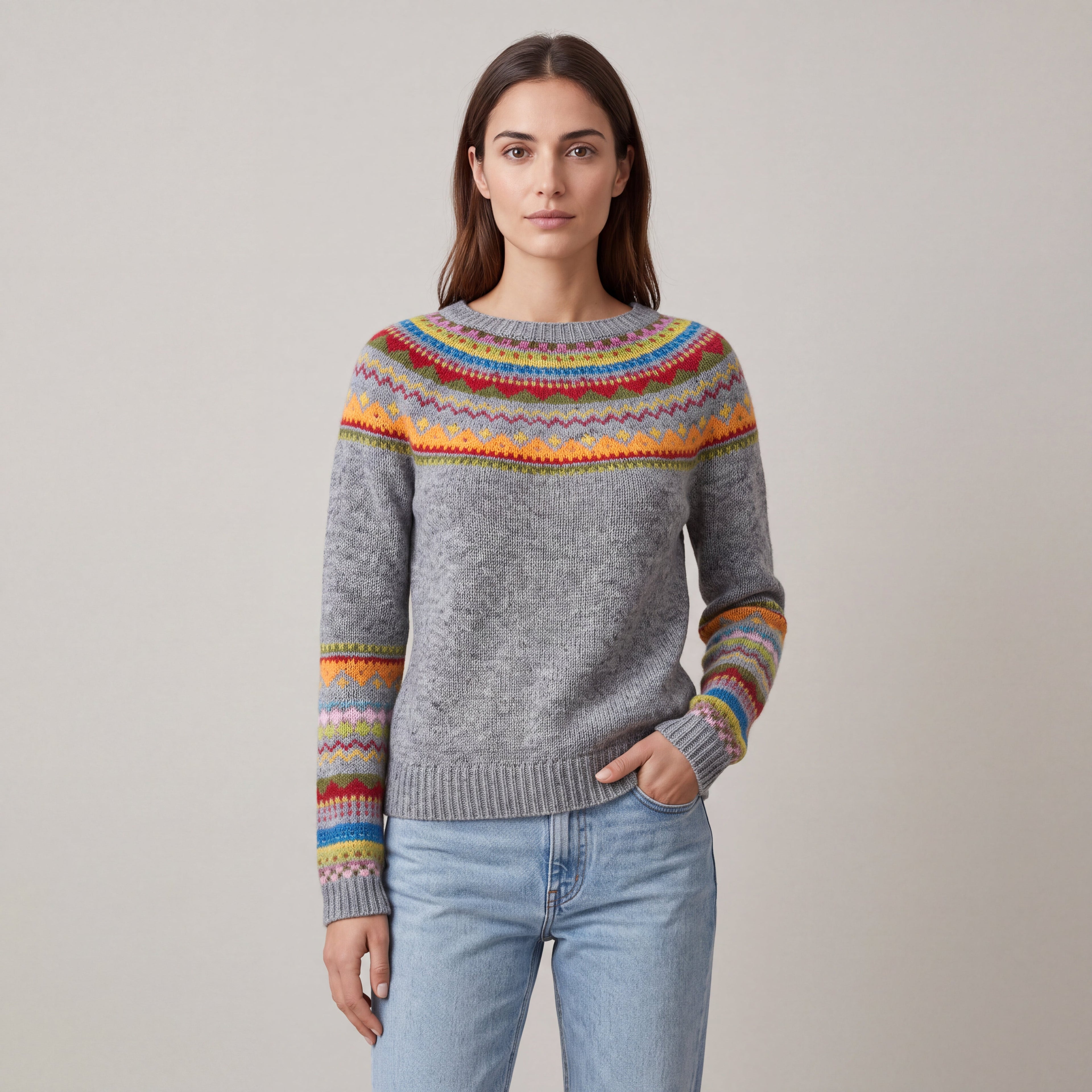 Women's grey Fair Isle boat neck sweater with long sleeves
