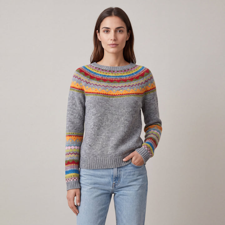 Women's grey Fair Isle boat neck sweater with long sleeves