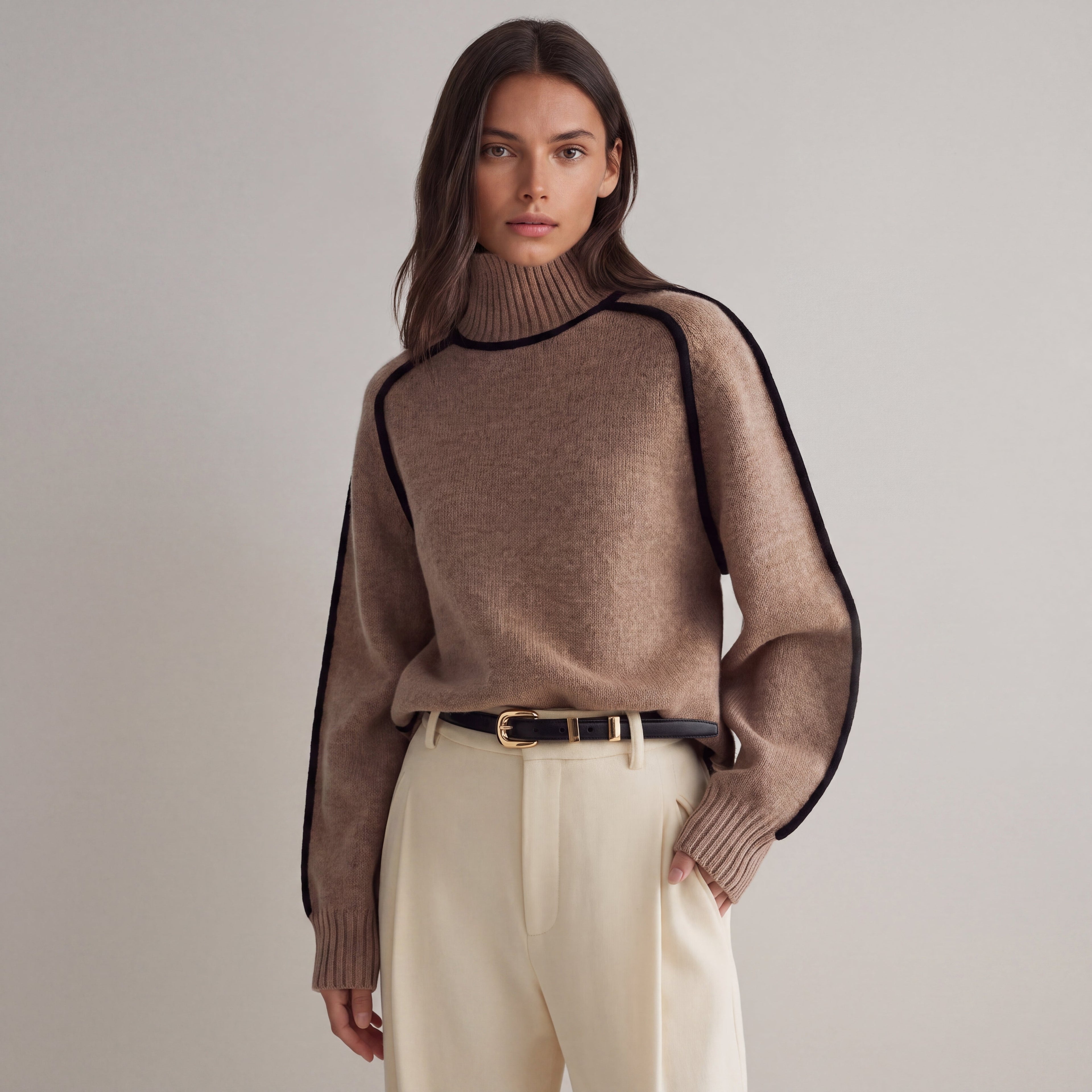 Women's oversized turtleneck sweater with contrasting trim and long sleeves