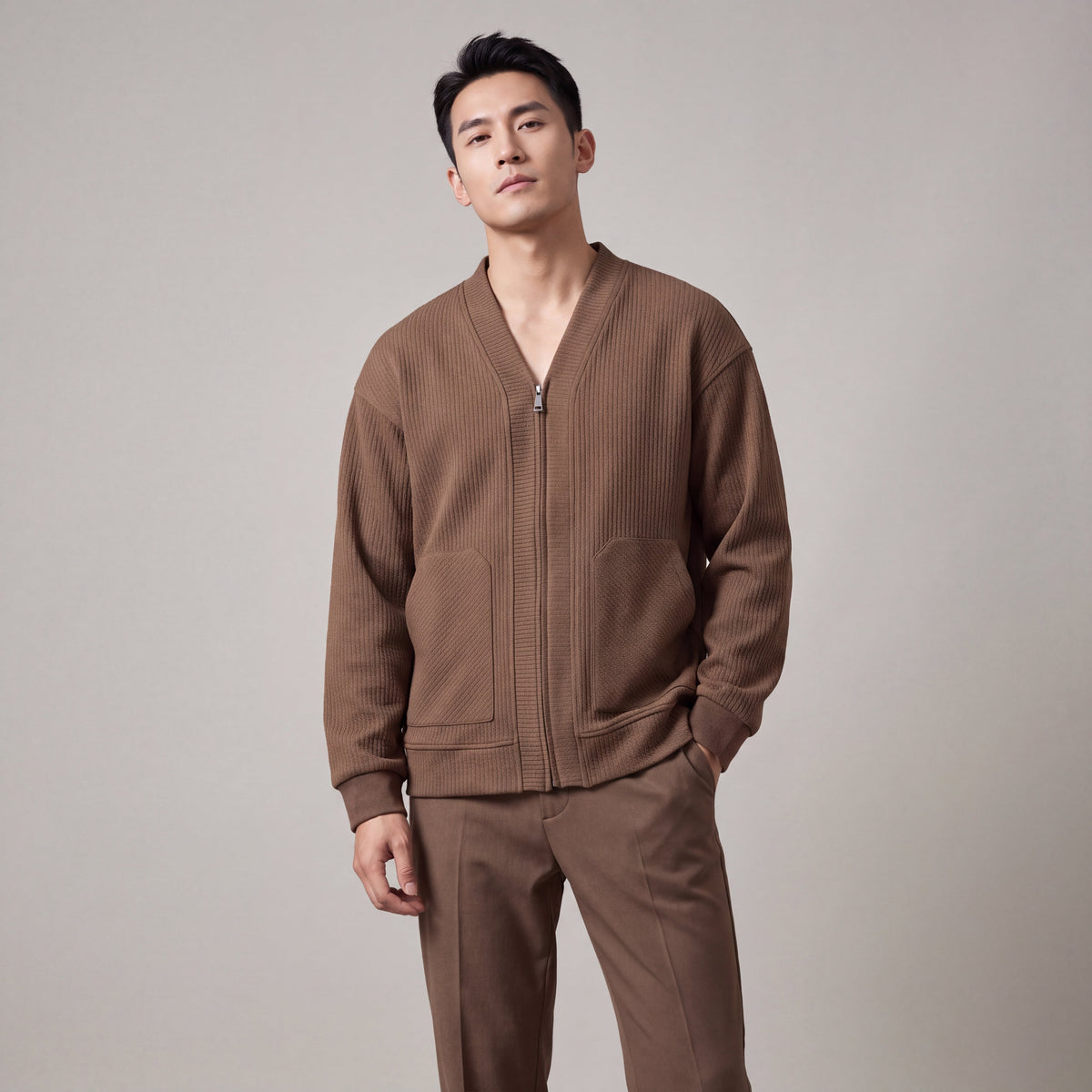 Men's textured knit cardigan with V-neck, zip front and patch pockets