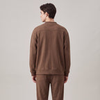 Men's textured knit cardigan with V-neck, zip front and patch pockets