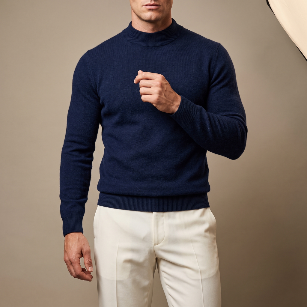 Men's plain mock neck sweater with long sleeves and ribbed trims