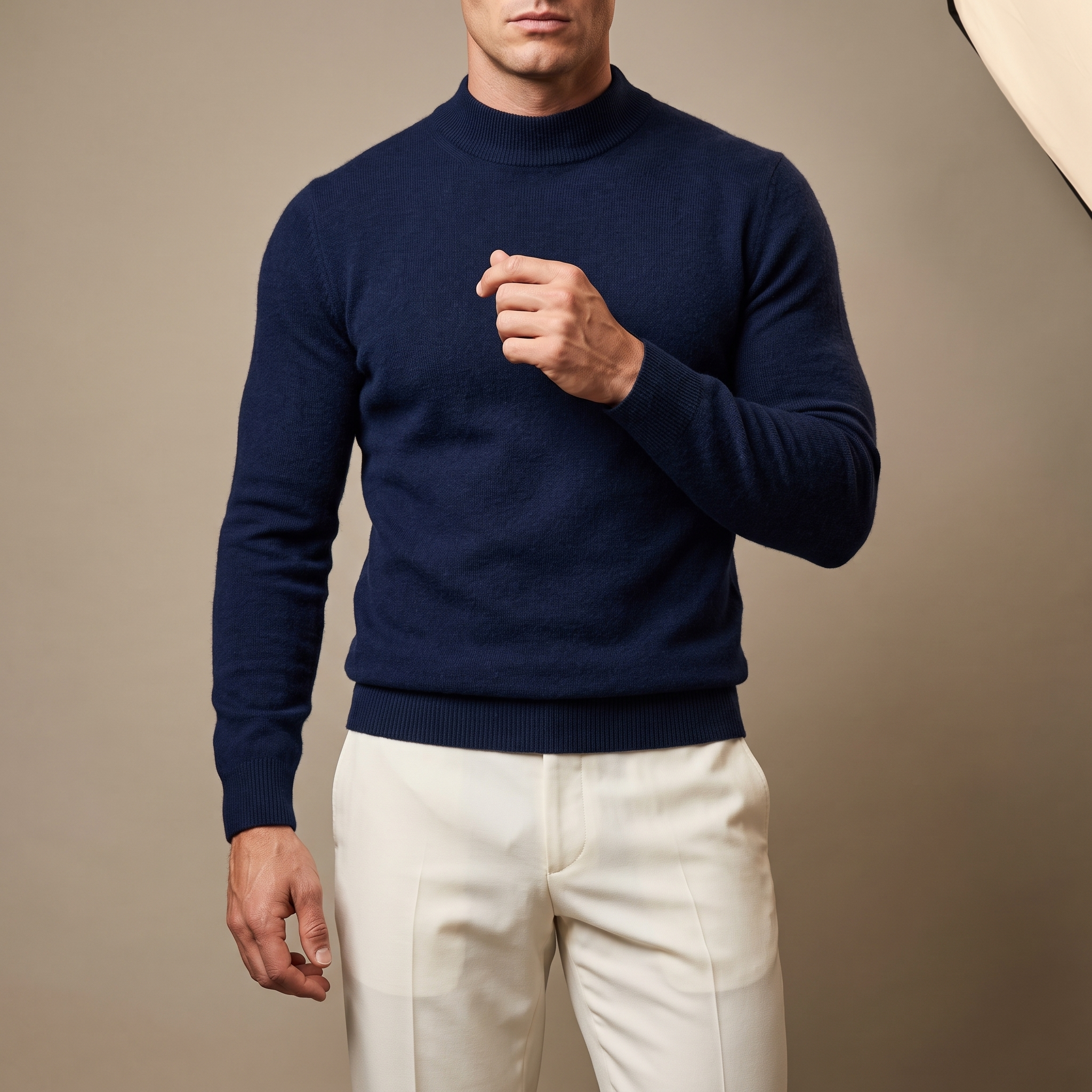 Men's plain mock neck sweater with long sleeves and ribbed trims