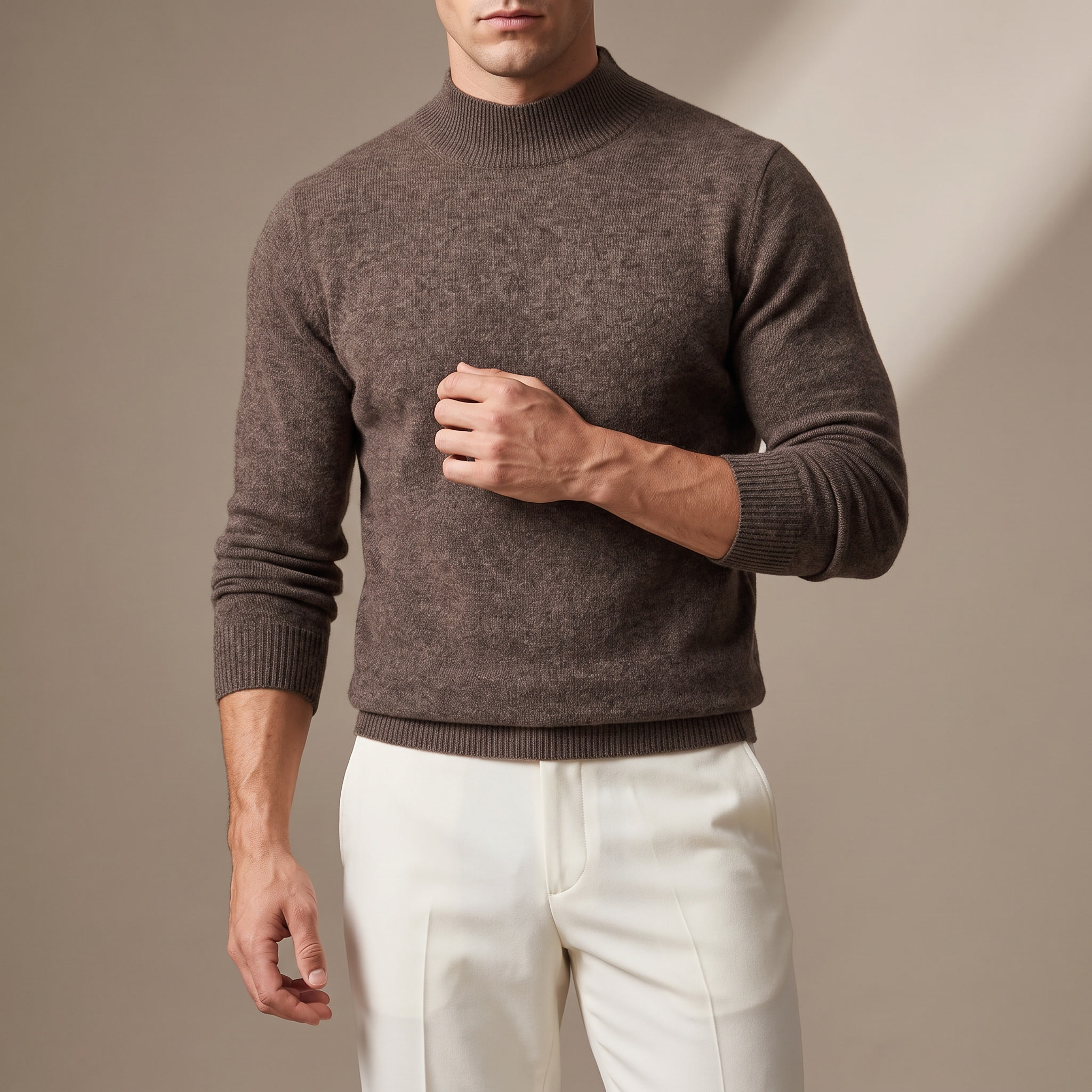 Men's plain mock neck sweater with long sleeves and ribbed trims