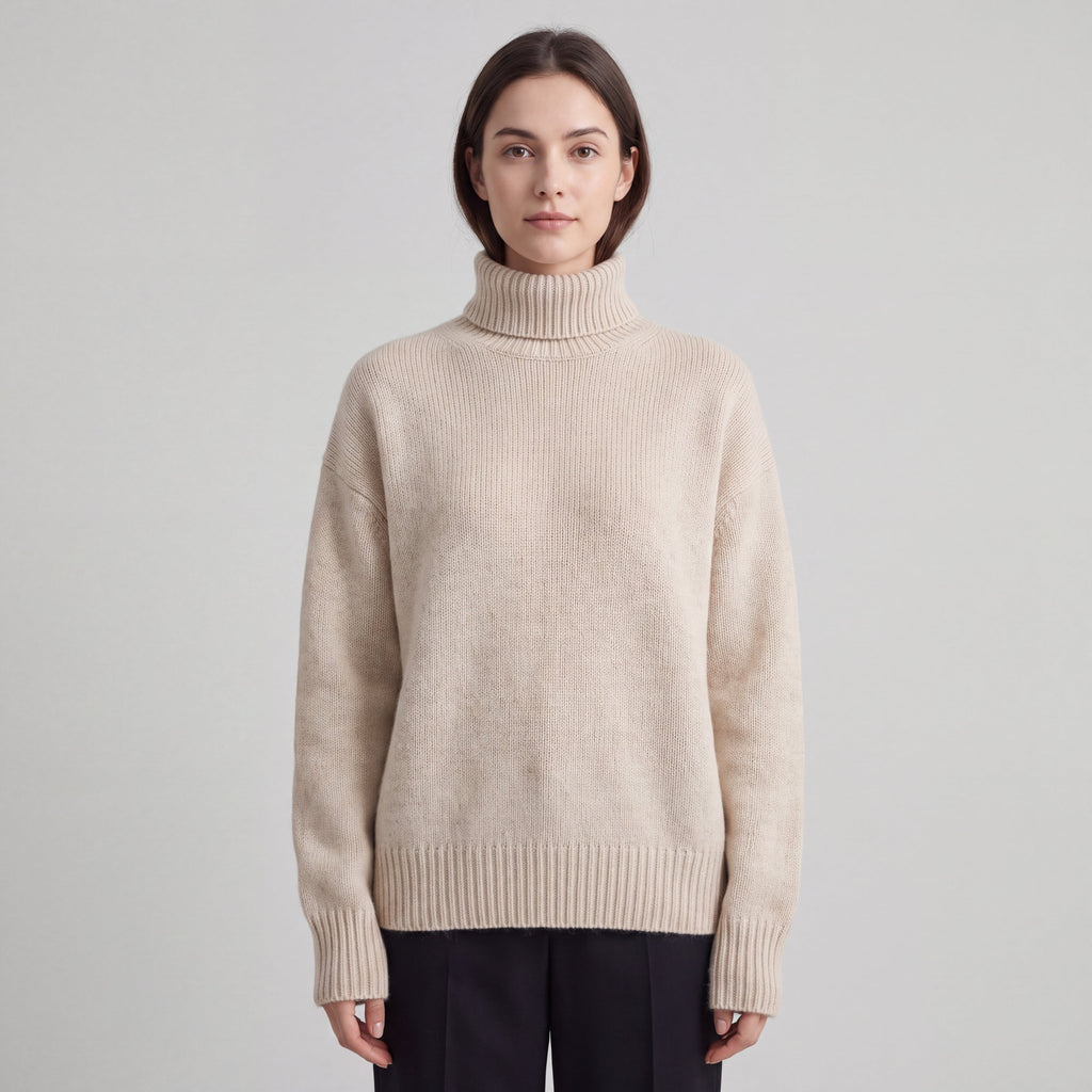 Women's long-sleeve turtleneck sweater with ribbed trims