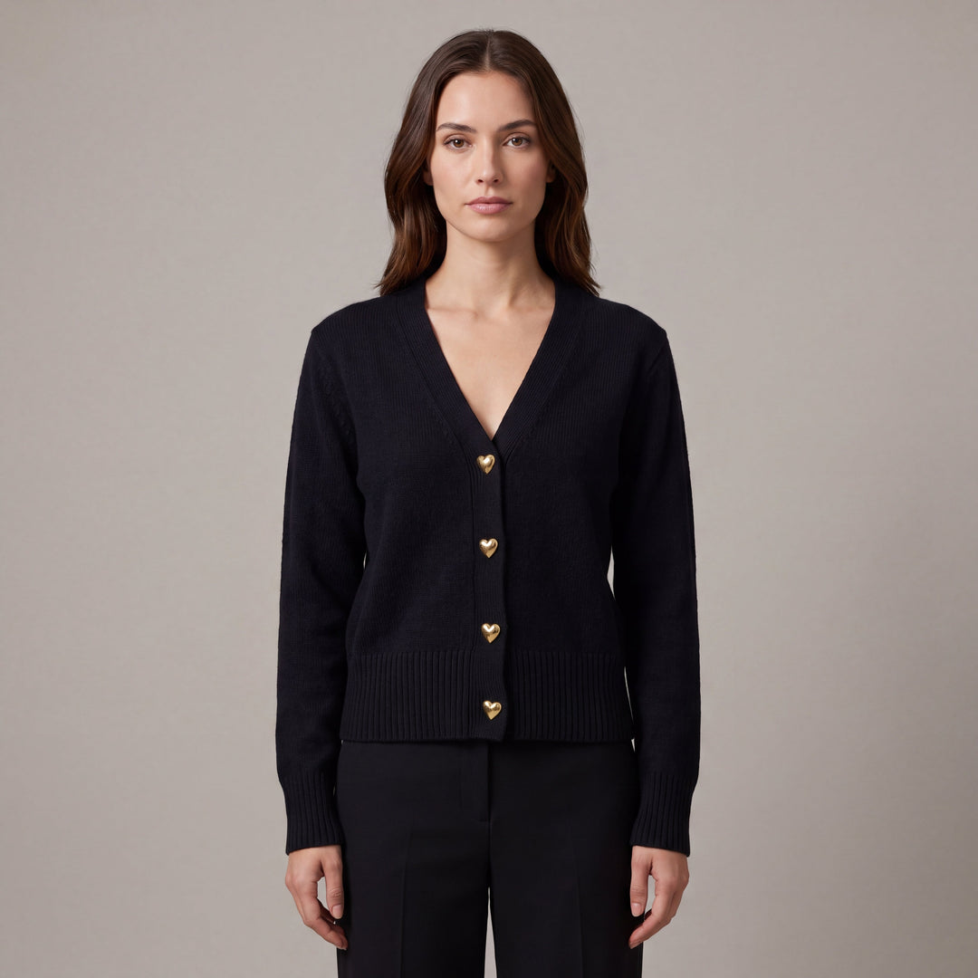 Women's V-neck cardigan with long sleeves and gold heart buttons