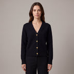 Women's V-neck cardigan with long sleeves and gold heart buttons