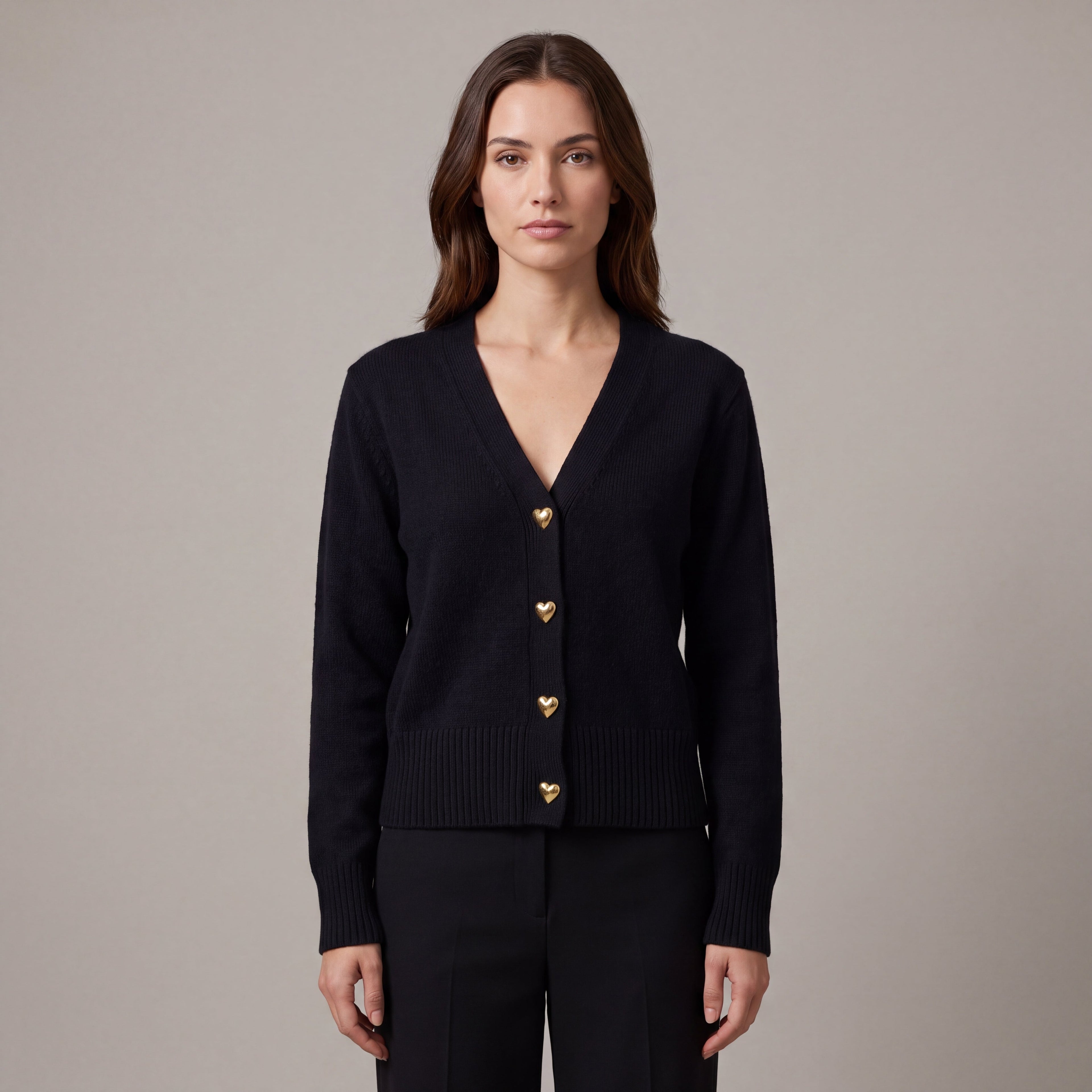 Women's V-neck cardigan with long sleeves and gold heart buttons