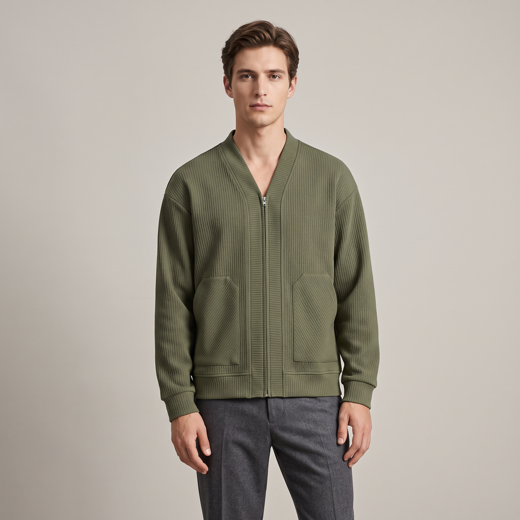 Men's textured knit cardigan with V-neck, zip front and patch pockets