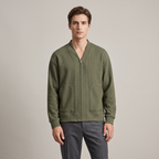 Men's textured knit cardigan with V-neck, zip front and patch pockets