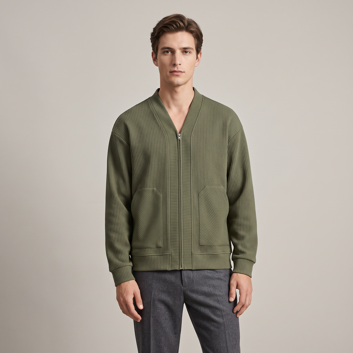 Men's textured knit cardigan with V-neck, zip front and patch pockets