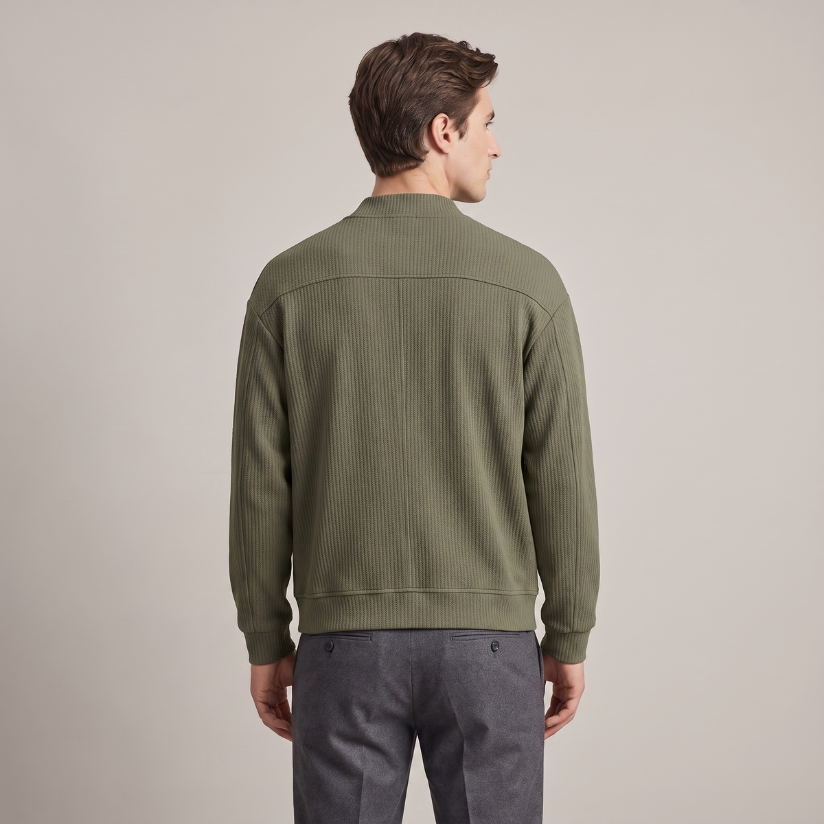 Men's textured knit cardigan with V-neck, zip front and patch pockets