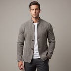 Men's textured knit cardigan with mock collar, buttons and patch pockets