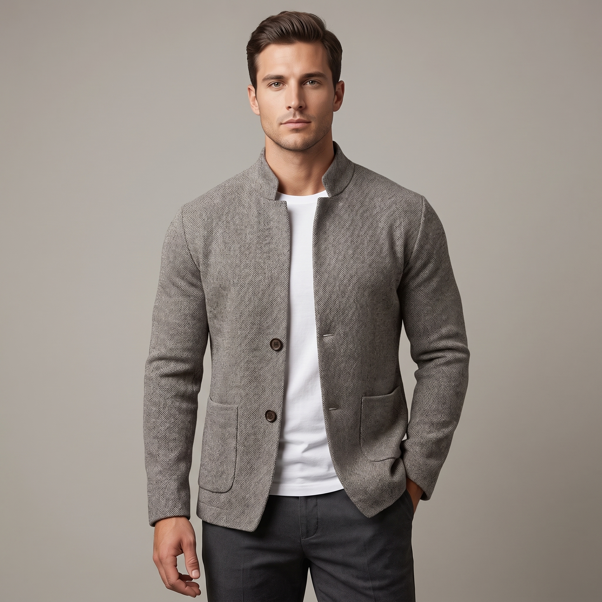 Men's textured knit cardigan with mock collar, buttons and patch pockets