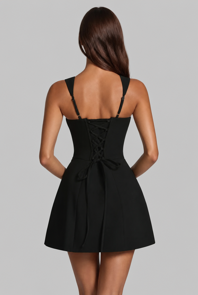 Women's structured square neck mini dress with A-line skirt