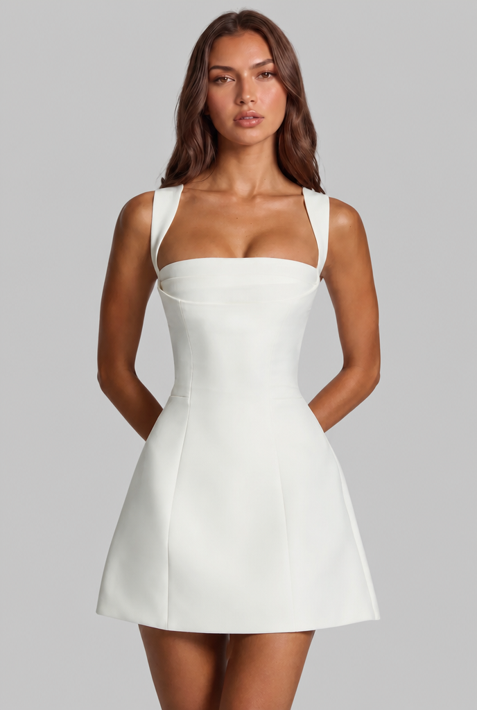 Women's structured square neck mini dress with A-line skirt