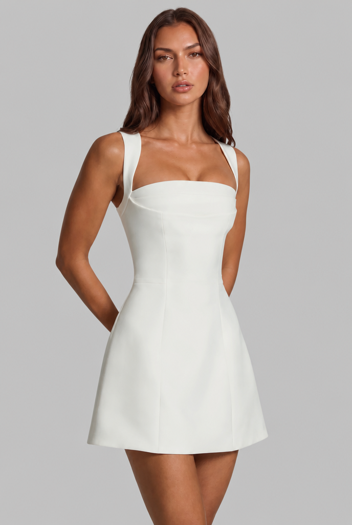 Women's structured square neck mini dress with A-line skirt
