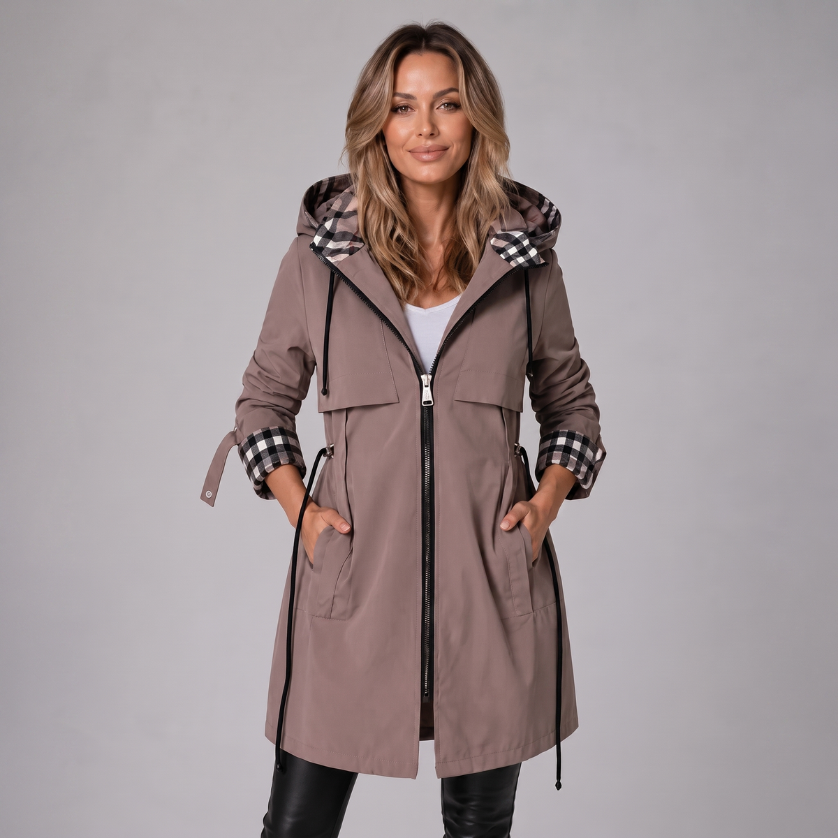 Women's hooded trench coat with checked hood and cuffs, front zip and adjustable drawstrings