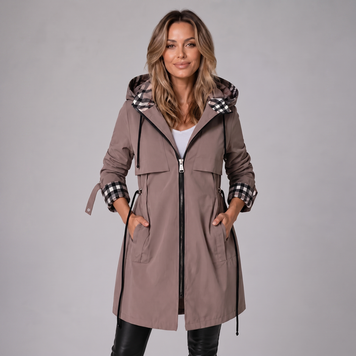 Women's hooded trench coat with checked hood and cuffs, front zip and adjustable drawstrings