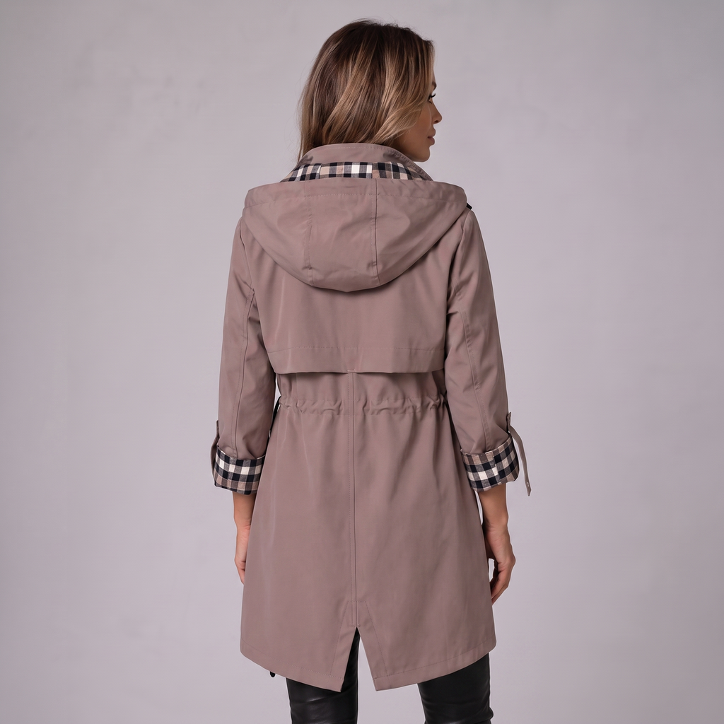 Women's hooded trench coat with checked hood and cuffs, front zip and adjustable drawstrings